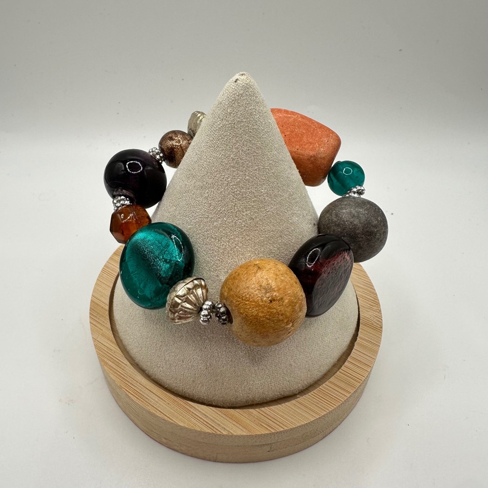 VTG‎ Boho Chunky Glass Bead Stretch Bracelet Multicolor Earthy Stone Festival